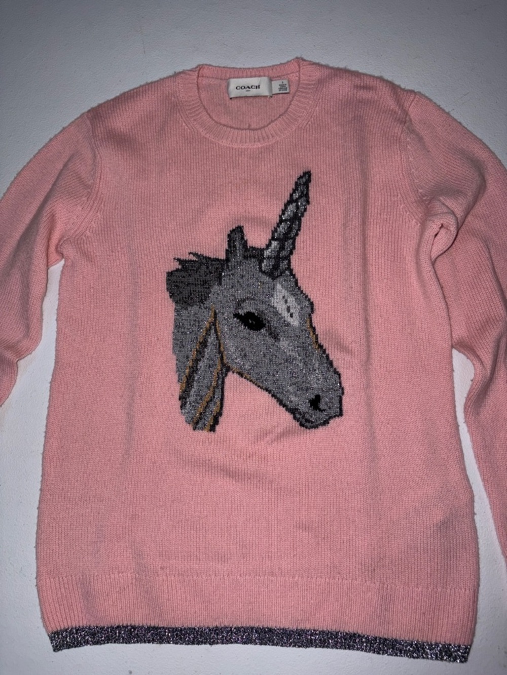 Coach Pink Unicorn Intarsia Sweater with Metallic Trim
